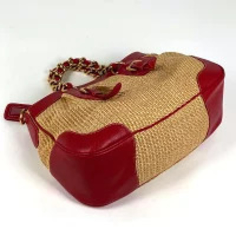 Prada Tan Leather Bag Raffia Beige Shoulder Red 2way Straw Tan Red